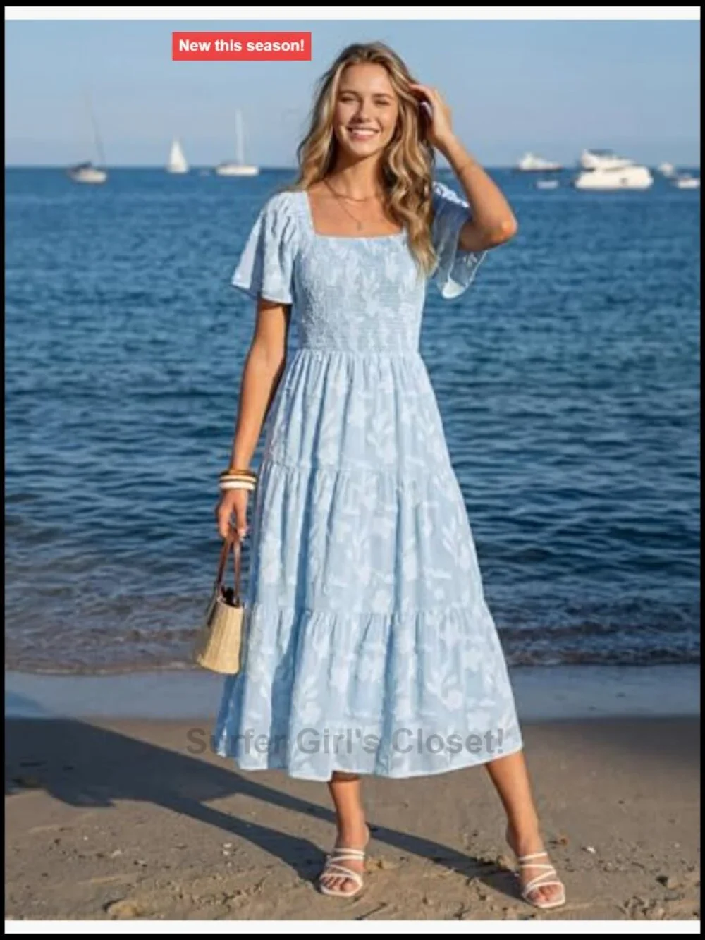 Boho Floral Midi Dress Square Neck Short Sleeve Flowy Wedding Guest Dress